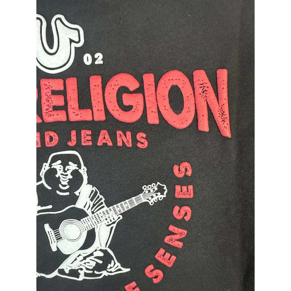 True Religion Mens TNL Puff Buddha Zip Hoodie Jet Black Red Stitch 701039 S